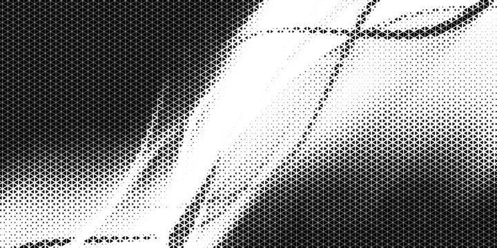 Fading triangle halftone texture gradient pattern. Abstract diagonal geometric background. Tech mosaic triangular halfton gradation. Vector vanishing corner arrow wallpaper for banner, booklet, poster
