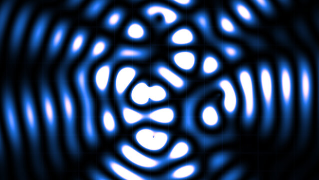 Abstract quantum wave interference pattern with bright blue and black psychedelic light