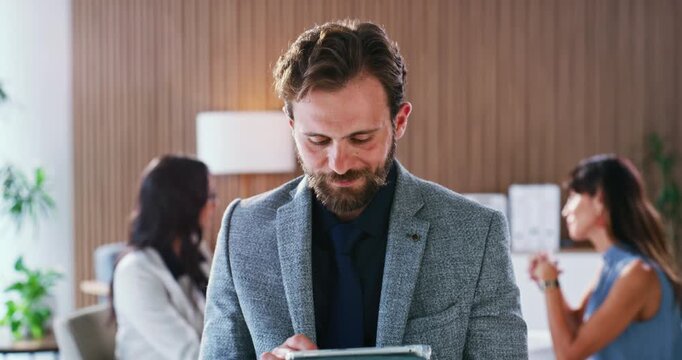 Tablet, reading and businessman in office or creative agency with editing for manuscript. Person, manager or editor with internet, tech and proposal feedback with proofreading or app for grammar