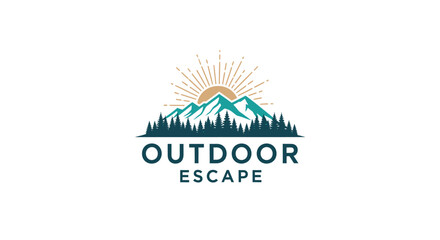 Obraz premium Outdoor Escape Logo - Majestic Mountains, Sun, and Forest Illustration.