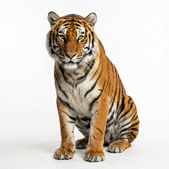 Obraz premium A tiger sitting on a white background looking forward with alert eyes and fur standing out