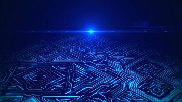 Blue circuit board lines radiate data, animated circuit board. Digital technology background. Data lines flow. Central computer processor CPU concept. Motherboard digital chip.