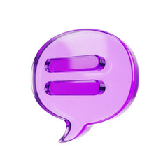 3D Glass text message icon, a speech bubble symbol indicating written content or SMS delivery. Transparent liquid Glass design icon