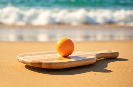 Wooden beach paddle racket with orange ball lying on sand. Summer vacation sport and leisure concept