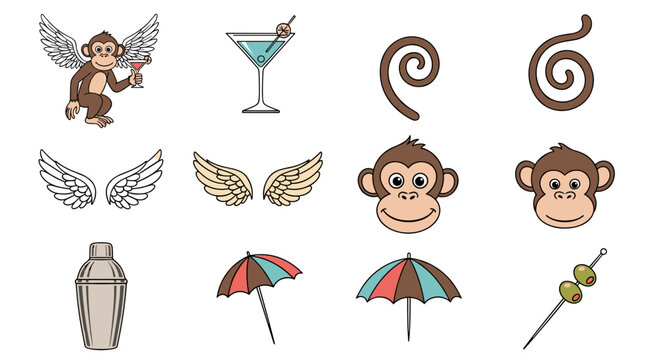 Cute cartoon monkey with wings holding a cocktail and other party elements