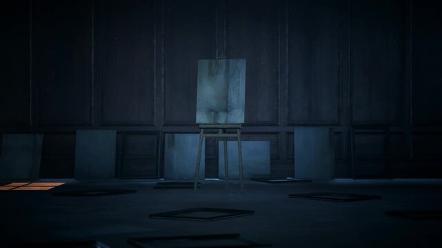 Dark artistic studio interior with a blank canvas on an easel surrounded by minimal geometric objects.