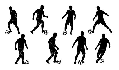 Soccer players dribbling football black silhouette vector set