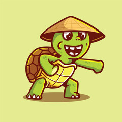 Obraz premium Cartoon kung fu turtle with a conical hat in a fighting pose