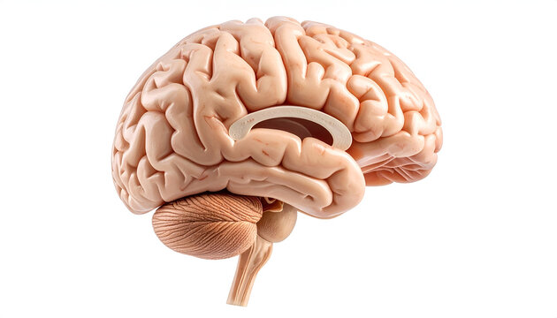 Human brain anatomy viewed from side on a white backdrop showcasing the cerebrum cerebellum and brainstem for medical science