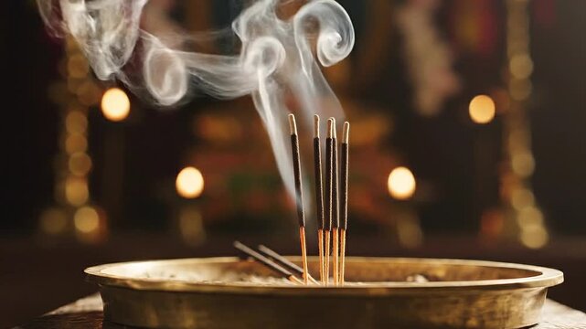 incense smoke rising from offering tray, slow motion, calm spiritual tone