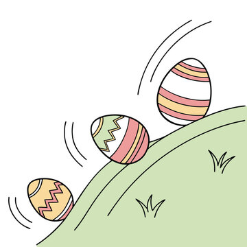 Decorated easter eggs rolling down a grassy hill with three colorful, patterned easter eggs tumble down a stylized green hill, a playful scene depicting