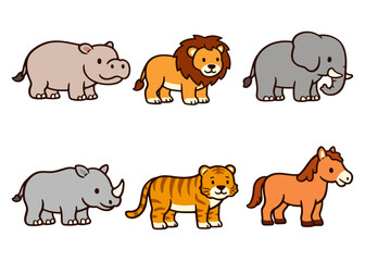 Fototapeta premium Collection of Six Different Cartoon Animals including Lion, Elephant, and Horse