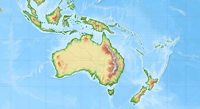 Australia and Oceania physical relief map, detailed terrain background