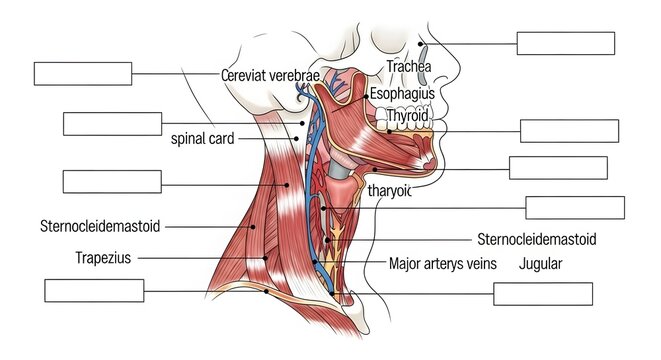 Human neck anatomy diagram with muscles and organs