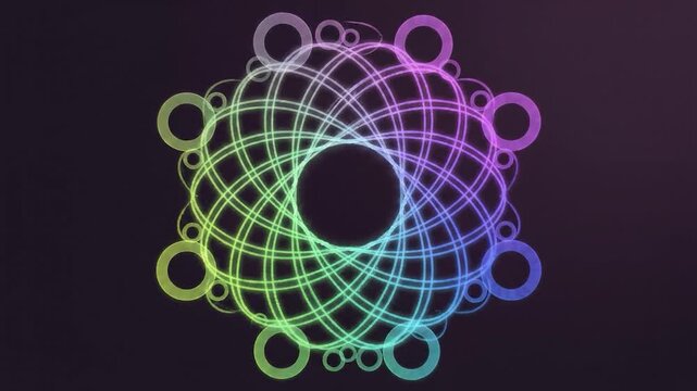 Intricate geometric pattern with glowing neon lines forming a symmetrical mandala shape on a dark background