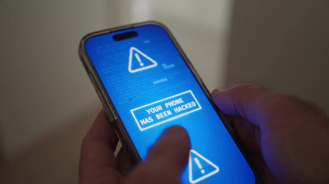 Hands holding phone with alert message on screen warning device is hacked. Digital glitch as person receives notification virus or malware by hacker is seizing control on mobile smartphone. Dark web