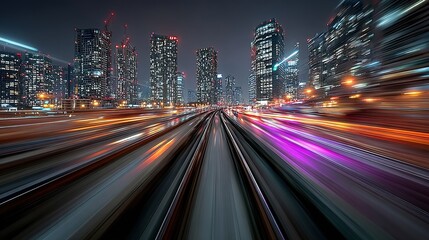 Obraz premium High-speed light streaks with purple and blue tones on dark cityscape background, motion-blurred night road lights and futuristic tech concept, wide-angle vector illustration with high resolution and 