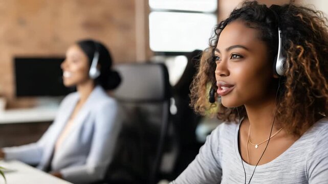 African female adult support agent smiling with headset in open call center environment focused and friendly customer care representative