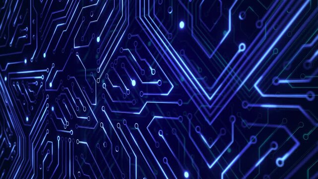 Blue lines on circuit board radiate data, animated. Digital tech background. Data lines flow smoothly. Central computer processor CPU concept. Motherboard digital chip.