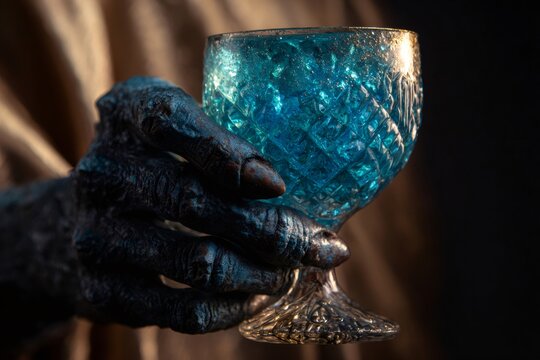 Creature hand grasping a blue sparkling elixir in a textured crystal goblet. Capturing fantasy, mystery, and magic concepts