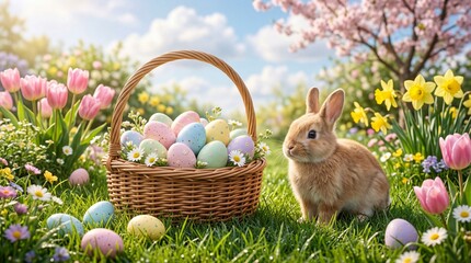 Easter's Charm: A fluffy bunny alongside an Easter basket brimming with colorful eggs amidst a vibrant spring meadow, heralding the spirit of the season.