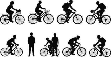 Obraz premium Black silhouettes of diverse people riding bicycles, male and female cyclists with backpacks and baskets, eco-friendly transportation and active lifestyle vector set on white