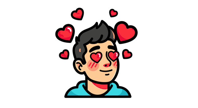Vector Illustration of a Young Man in Love with Red Heart Eyes and Floating Hearts