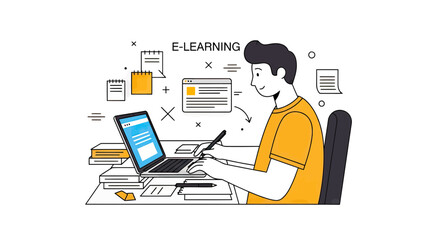 Naklejka premium Young man studying online with laptop and books, E-learning concept vector illustration for digital education and home schooling