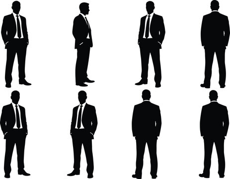 Set of businessman silhouettes standing in formal suit with different angles front side and back view, corporate professional collection isolated on white background