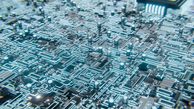 Blue lines on circuit board radiate data, animated. Digital tech background. Data lines flow smoothly. Central computer processor CPU concept. Motherboard digital chip. 3D.