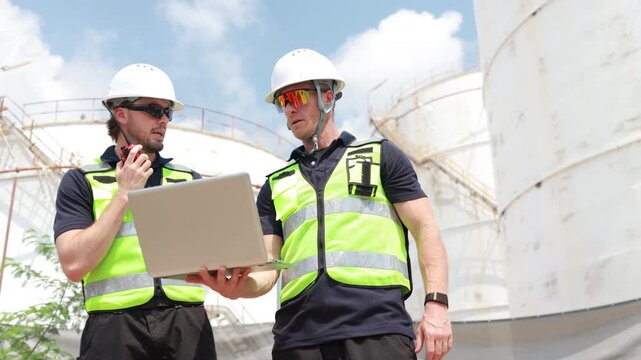 Two professional male engineers wearing high-visibility vests and hardhats working together, using a laptop and radio to inspect and monitor storage tanks at an industrial petrochemical facility.