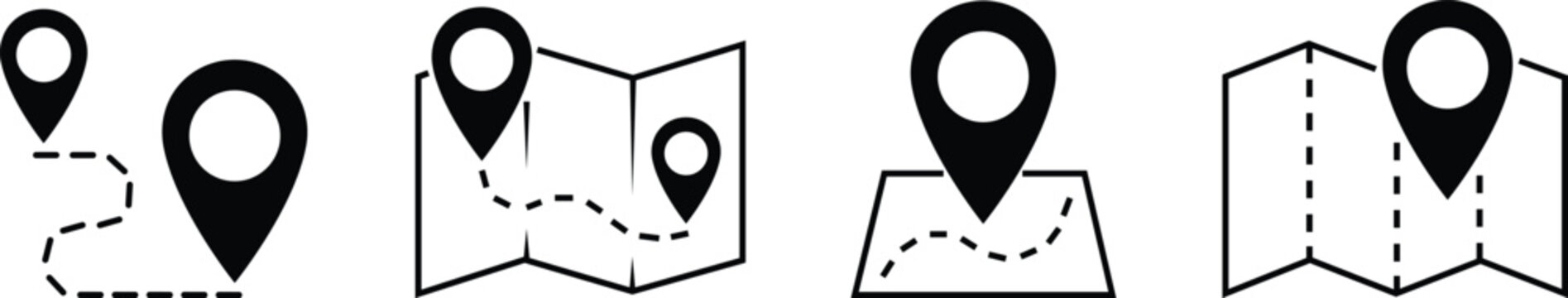 Map and location icons set in black flat styles. Mapping vectors. Geolocation map path distance. GPS cartography position. Pinpoint, map search, route and navigator isolated on transparent background.