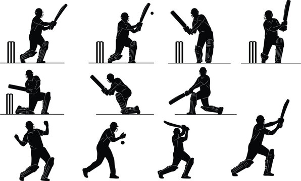 Set of cricket player silhouettes batting and fielding in various action poses with bat and ball, sports collection isolated on white background