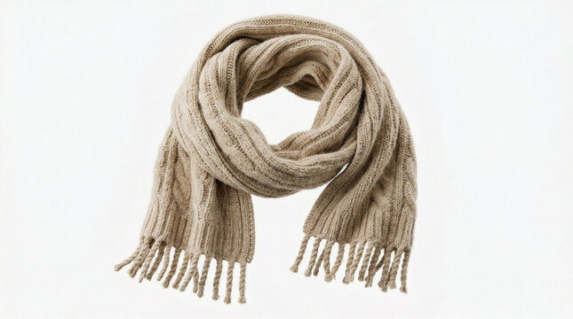 Beige knitted scarf with braid pattern and tassels, warm winter wool accessory, cozy textile, isolated on a white background.