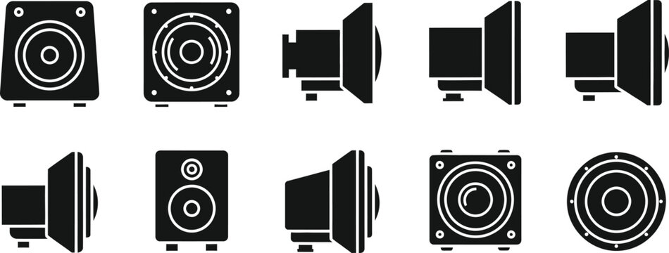 Audio speaker and subwoofer icons set with black and white with sound system
