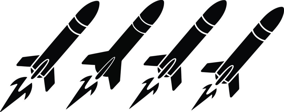 Rocket missile icon set, flying upward black and white vector symbols representing military weapons technology aerospace launch concept isolated on white background.