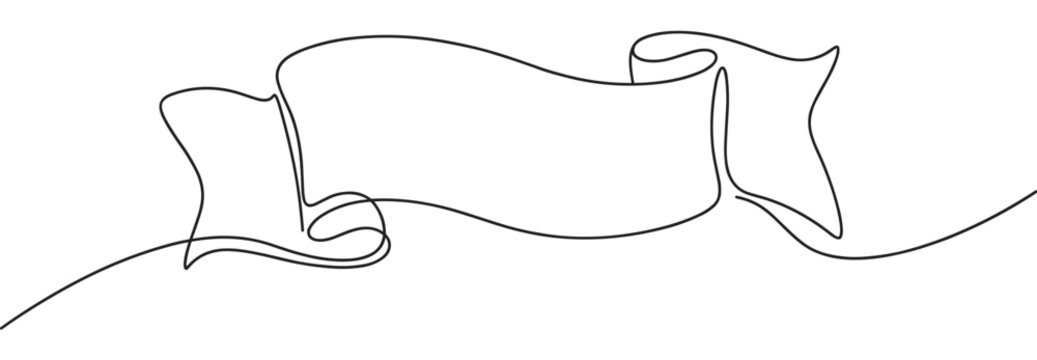 Simple black continuous line drawing illustrates a flowing, elegant ribbon banner with graceful curves and loops