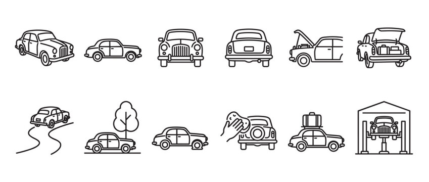 Collection of black outline vintage car icons depicting various activities and perspectives in a clean, graphic style