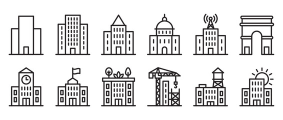 Fototapeta premium Collection of various line art building icons representing different architectural styles and urban structures
