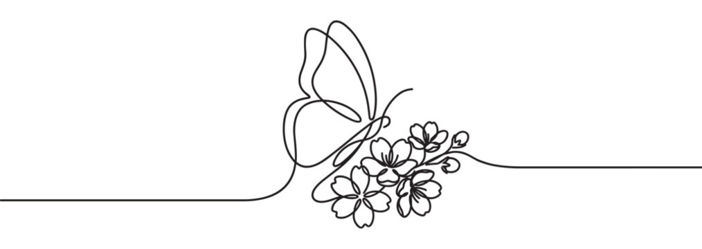 Beautiful butterfly and delicate cherry blossoms are elegantly drawn in a continuous single black line art style