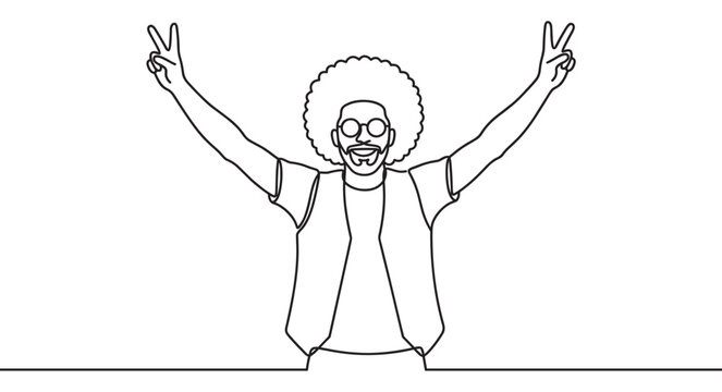 Happy man with an afro hairstyle and glasses raises his arms making peace signs, drawn in a continuous line art style