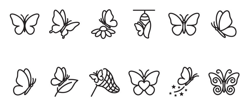 Collection of simple black outline butterfly icons in various poses and styles, including a chrysalis and a butterfly net