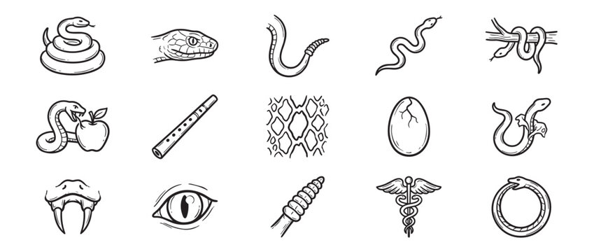 Various hand-drawn black and white snake-themed illustrations, including coiled snakes, snake heads, tails, skin patterns, and related symbols, presented as a collection of simple line art