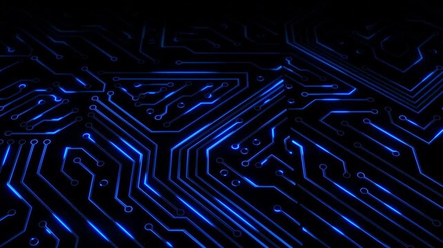 Blue lines on circuit board radiate data, animated. Digital tech background. Data lines flow smoothly. Central computer processor CPU concept. Motherboard digital chip.