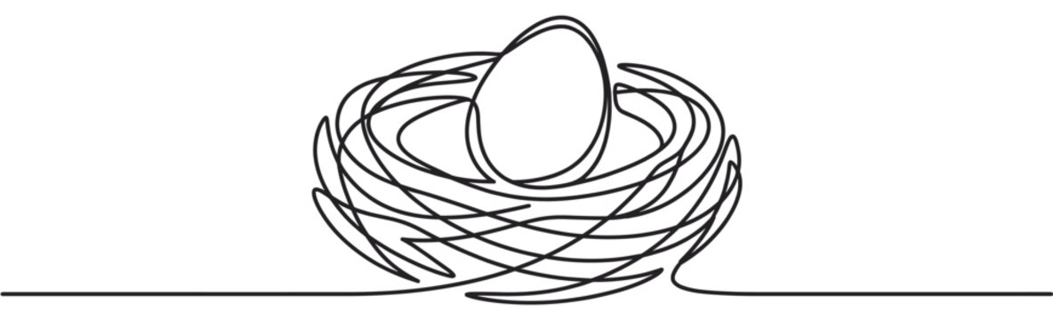 Single continuous line drawing of a bird's nest with one egg inside, illustrating simplicity and new beginnings