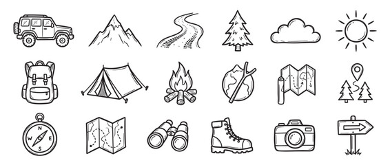 Fototapeta premium Collection of hand-drawn black and white doodle icons depicting various elements of outdoor adventure and camping