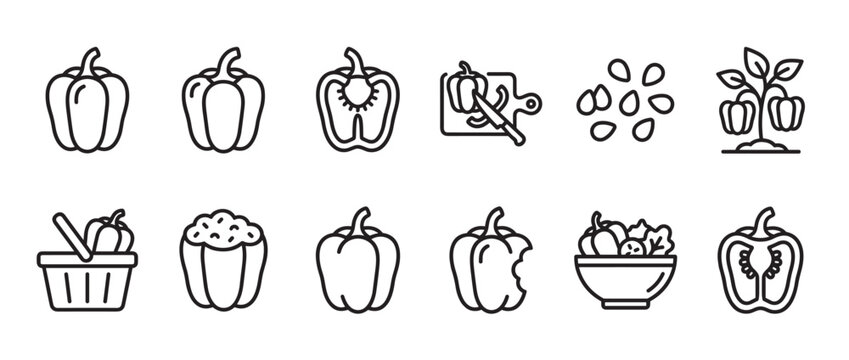 Collection of black outline bell pepper icons depicting various stages from whole to chopped and seeds