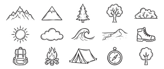 Fototapeta premium Collection of hand-drawn outdoor and camping icons, including mountains, trees, sun, cloud, wave, desert, boot, backpack, campfire, tent, and compass, rendered in a charming doodle style