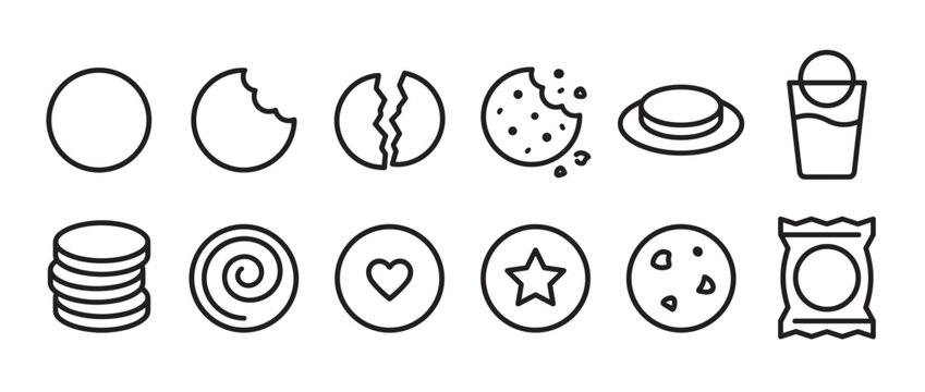 Collection of simple line art cookie icons showing various states and forms of cookies and related items