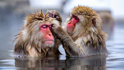 Two monkeys sit in a hot spring in Japan. One monkey gently picks at the fur of the other. Steam rises from the water around them. It is winter, and their fur is wet